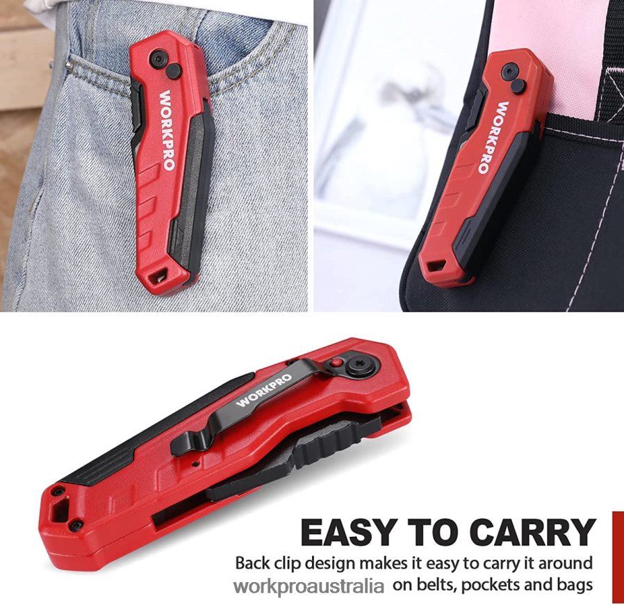 WORKPRO Folding Utility Knife Quick Change Box Cutte 13 Extra Blades Included D4R0VT52 Tool Blue/Red/Pink
