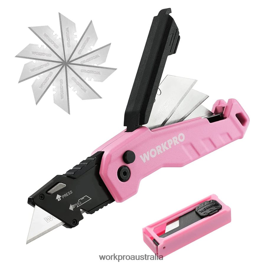 WORKPRO Folding Utility Knife Quick Change Box Cutte 13 Extra Blades Included D4R0VT52 Tool Blue/Red/Pink