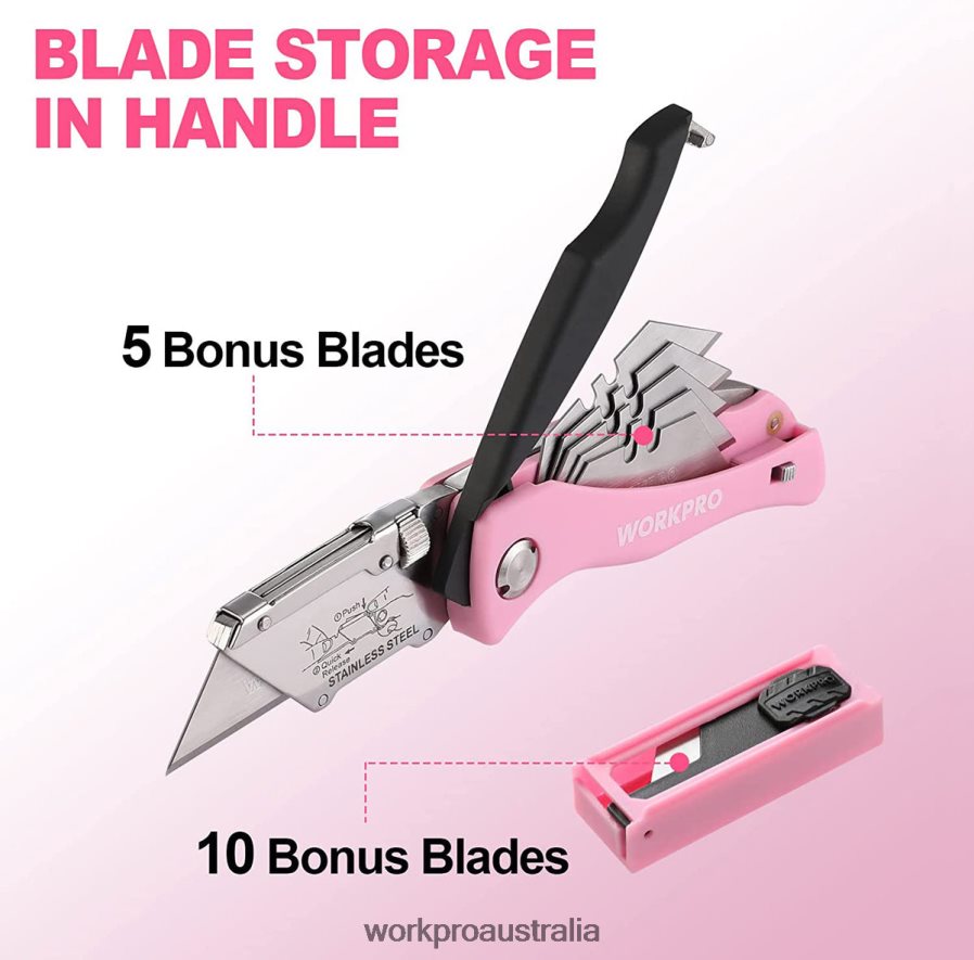WORKPRO Folding Utility Knife Quick Change Box Cutter Razor Knife D4R0VT36 Tool Pink