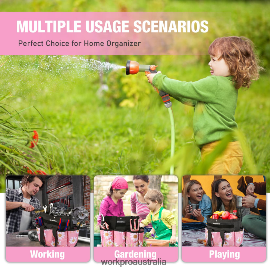 WORKPRO Garden Tool Bag with 9 Pockets D4R0VT286 Storage Floral White/Floral Pink