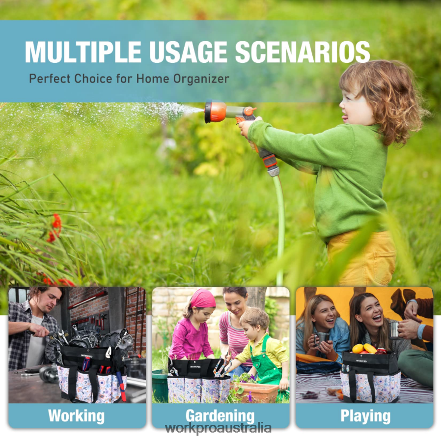 WORKPRO Garden Tool Bag with 9 Pockets D4R0VT286 Storage Floral White/Floral Pink