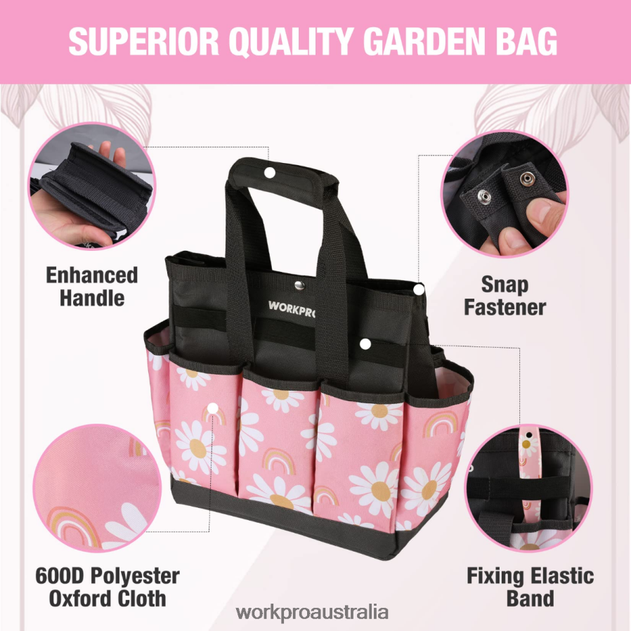 WORKPRO Garden Tool Bag with 9 Pockets D4R0VT286 Storage Floral White/Floral Pink