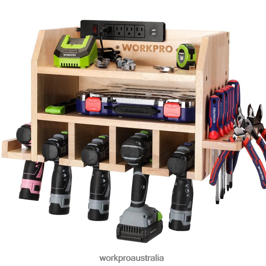 WORKPRO Power Tool Organizer Cordless Drill Holder Storage Wall Mount with 5 Drill Hanging Slots Solid Wooden Tool Storage D4R0VT19 Storage Helpful