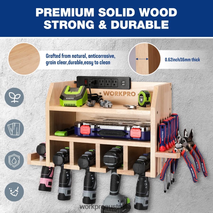 WORKPRO Power Tool Organizer Cordless Drill Holder Storage Wall Mount with 5 Drill Hanging Slots Solid Wooden Tool Storage D4R0VT19 Storage Helpful