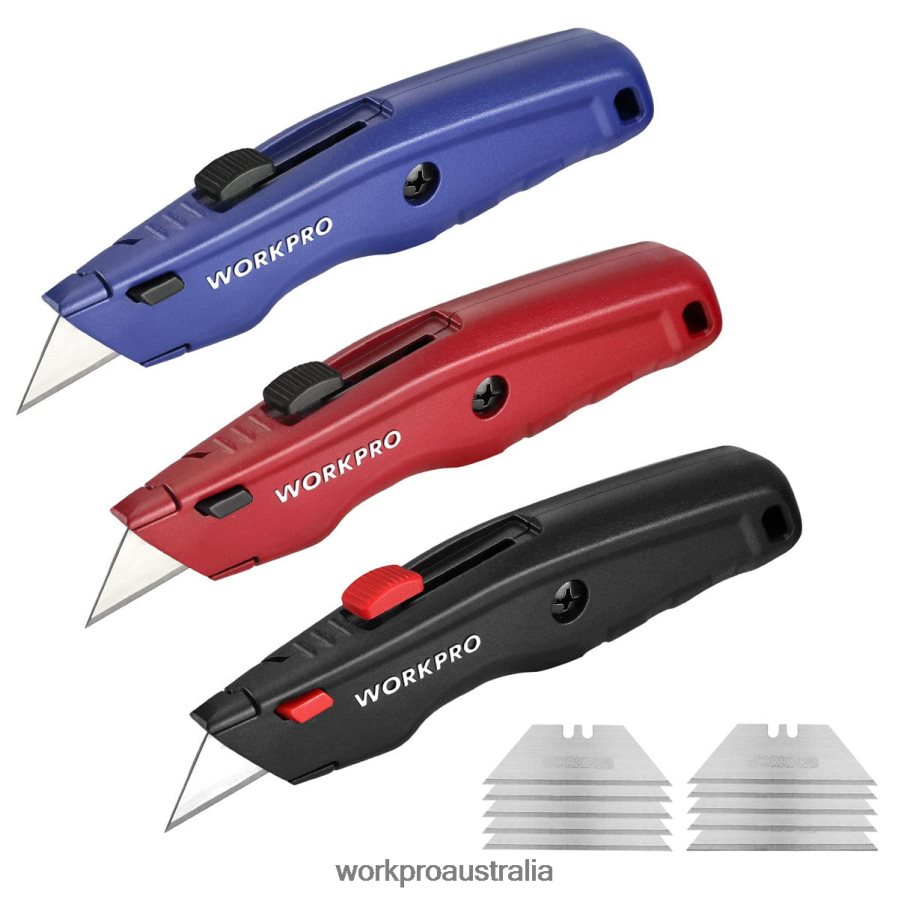 WORKPRO Premium Utility Knife Retractable All Metal Heavy Duty Box Cutter Quick Change Blade Razor Knife with 10 Extra Blades D4R0VT51 Tool Black/Blue/Red