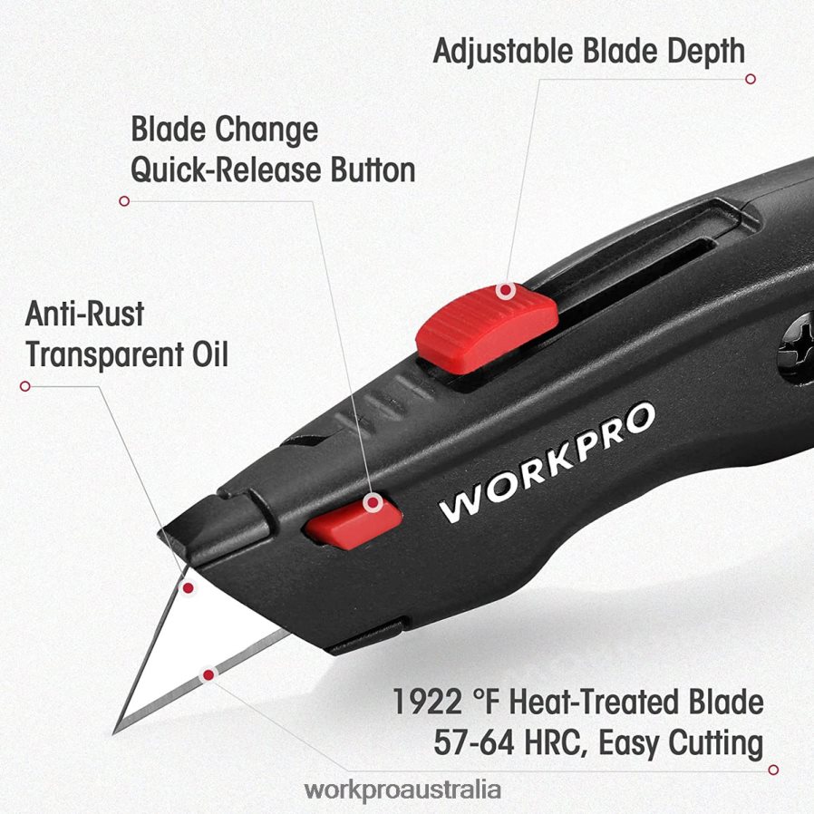 WORKPRO Premium Utility Knife Retractable All Metal Heavy Duty Box Cutter Quick Change Blade Razor Knife with 10 Extra Blades D4R0VT51 Tool Black/Blue/Red