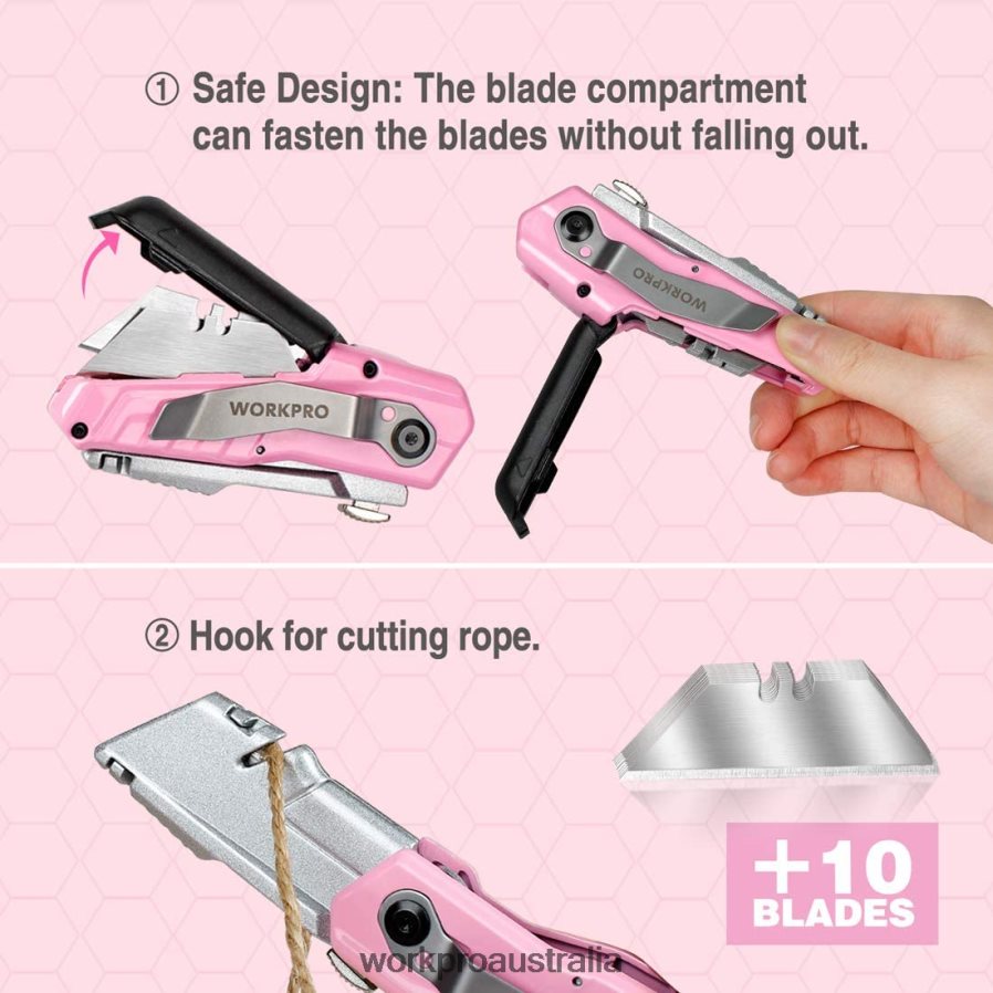 WORKPRO Quick-Change Folding Utility Knife with12 Extra Blades D4R0VT37 Tool Pink