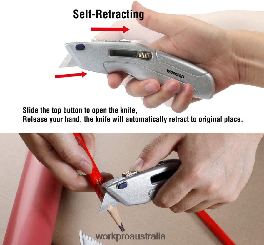 WORKPRO Retractable Utility Knife and Self-retracting Safety Box with 2 Extra Blades Included D4R0VT41 Tool Morden