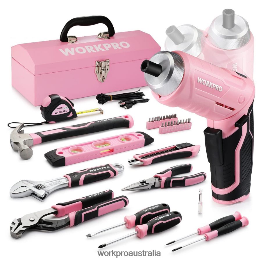 WORKPRO 75 Pcs Tools Set, 3.7V Rotatable Cordless Screwdriver, and Household Tool Kit D4R0VT260 Tool Pink