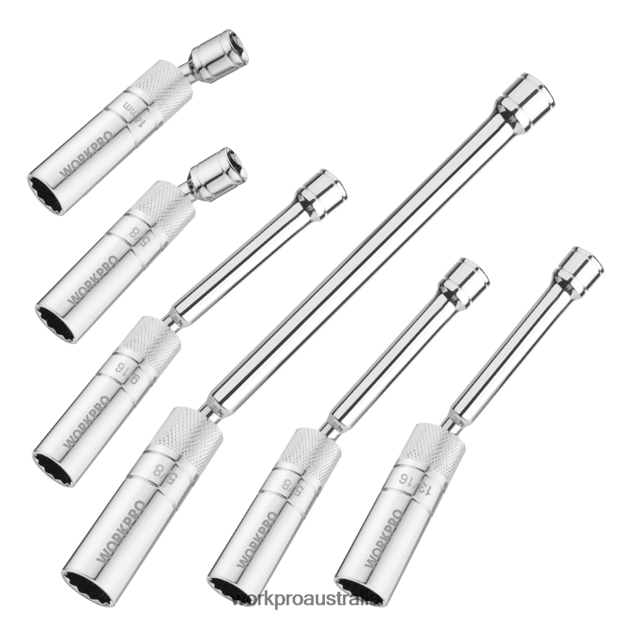WORKPRO 6 Pcs-9/16-inch, 5/8-inch, 13/16-inch, 14MM Thin Wall Sockets with 4, 6, 11-inch Extensions Magnetic Swivel Spark Plug Socket Set D4R0VT139 Tool New