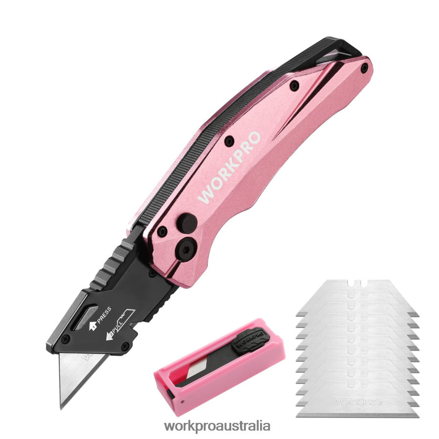 WORKPRO Folding Aluminum Utility Knife, 10 Extra Blades Include D4R0VT54 Tool Pink