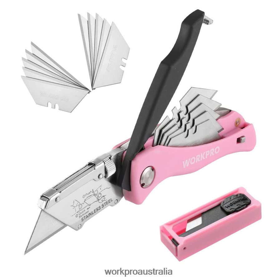 WORKPRO Folding Utility Knife, Quick Change Box Cutter, Razor Knife D4R0VT36 Tool Pink
