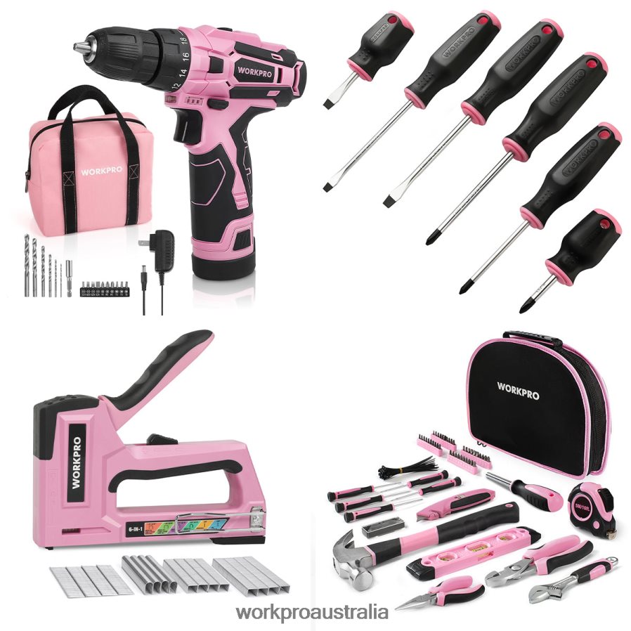 WORKPRO 12V Cordless Drill Driver Kit & 103 Pcs Tool Kit & 8 Pcs Magnetic Screwdrivers Set & 6-in-1 Staple Gun D4R0VT315 Tool Pink