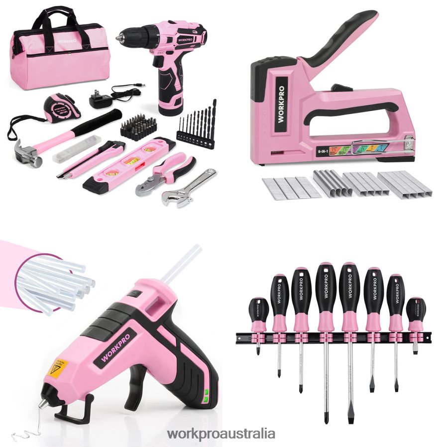 WORKPRO 12V Cordless Drill Set & 6-in-1 Staple Gun & 8 Pcs Magnetic Screwdrivers Set & Cordless Hot Melt Glue Gun D4R0VT313 Tool Pink