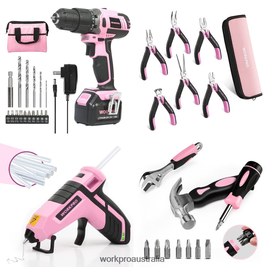WORKPRO 20V Cordless Drill Driver Set & 6-Piece Mini Pliers & 10-piece Tool Kit & Cordless Glue Gun D4R0VT316 Tool Pink