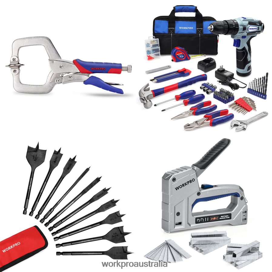 WORKPRO Face Clamp & 12V Cordless Drill and Home Tool Kit & 10 Pcs Pro Spade Drill Bit Set & 4-in-1 Staple Gun Heavy-Duty D4R0VT318 Tool Useful