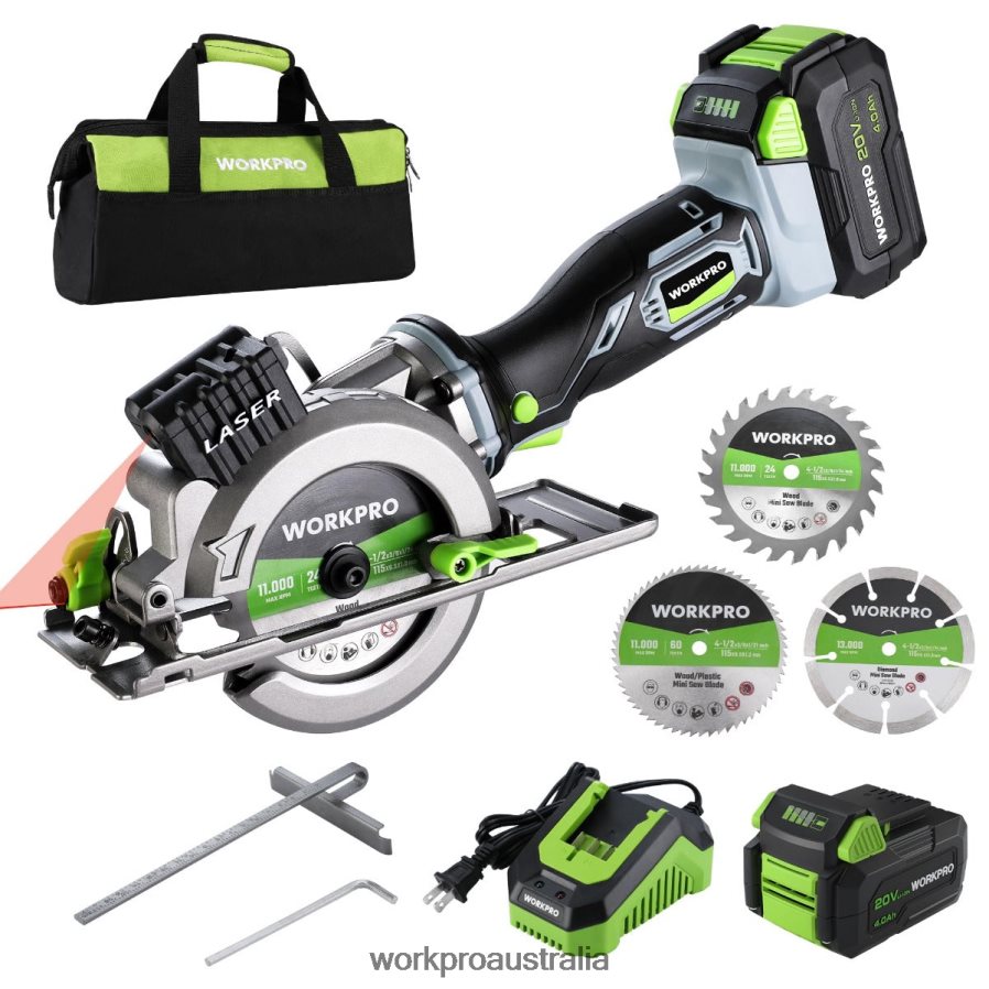 WORKPRO Compact Cordless Mini Circular Saw, 20V 4.0Ah Battery, Fast Charger, 3 Saw Blades, 4500RPM D4R0VT186 Tool Helpful