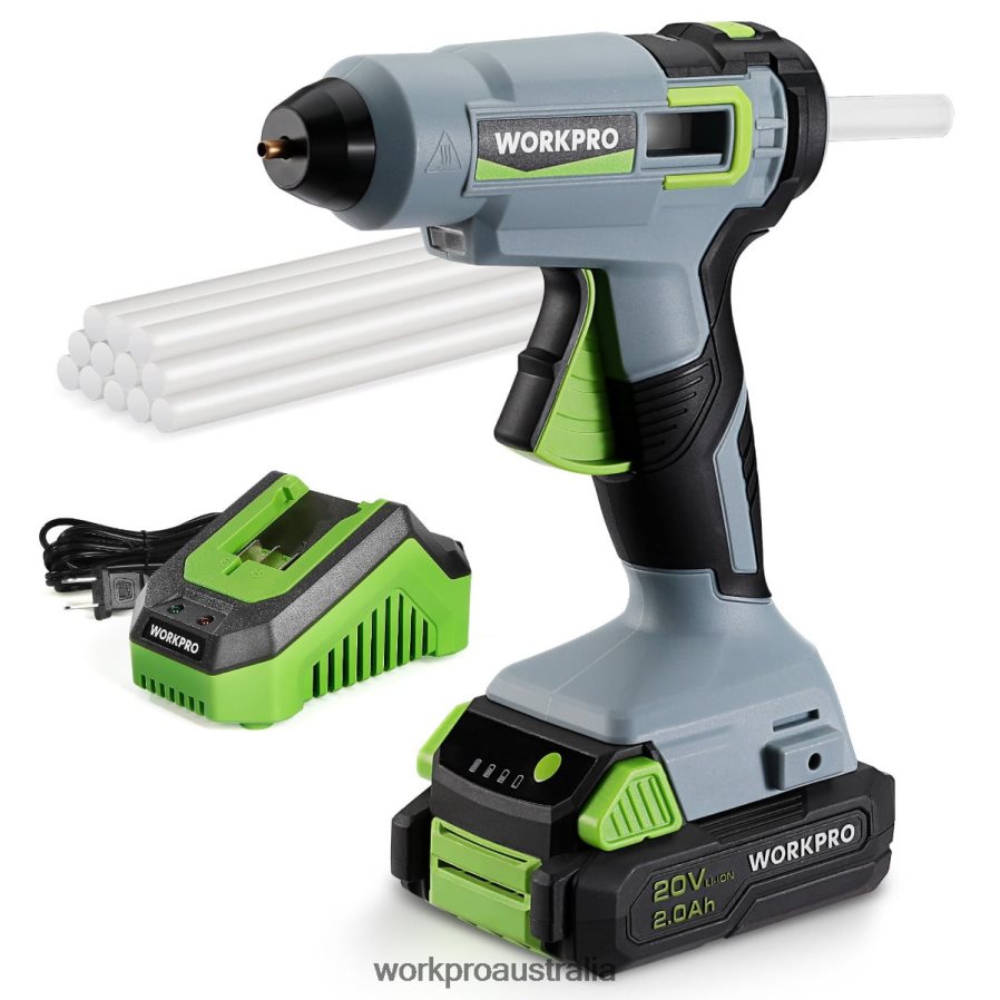 WORKPRO Cordless Hot Glue Gun Kit with 12 Pcs Glue Sticks, 20V 2.0 Ah Li-ion Battery D4R0VT165 Tool Useful