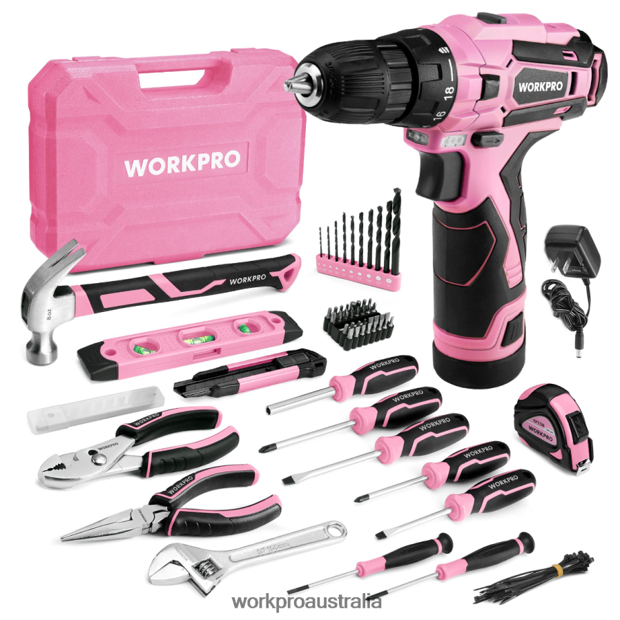 WORKPRO 108-Piece Portable Tool Set with Power Drill D4R0VT173 Tool Pink/Grey