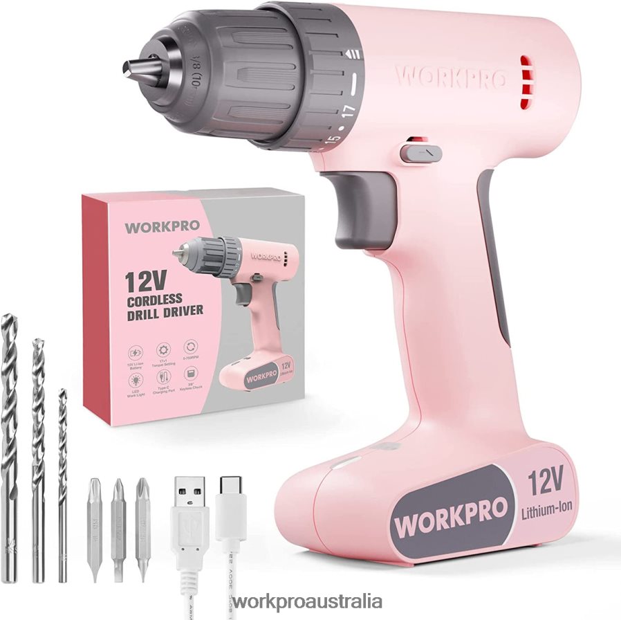 WORKPRO 12V Cordless Drill Driver Set with 6 Pcs Bits, 3/8-Inch Keyless Chuck, Variable Speed, 18 Touque Setting D4R0VT175 Tool Pink/White