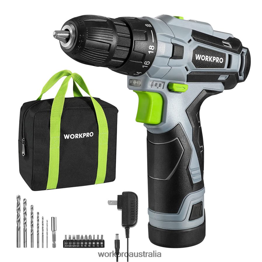 WORKPRO 12V Electric Cordless Drill Driver Kit Keyless Chuck, Charger and Storage Bag Included D4R0VT177 Tool Green