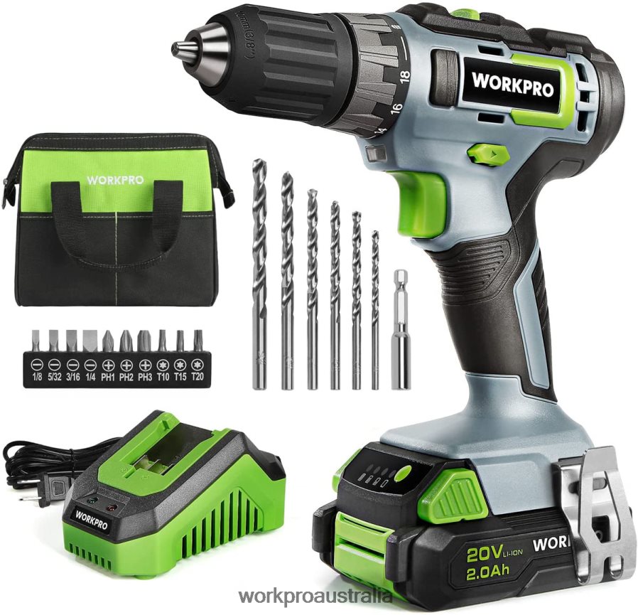 WORKPRO 20V Cordless Drill Driver Kit, 2.0 Ah Li-ion Battery, 1 Hour Fast Charger and 11-inch Storage Bag Included D4R0VT176 Tool Green