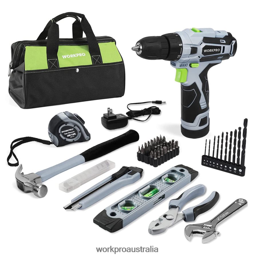 WORKPRO 61 Pcs 12V Cordless Drill and Home Tool Kit, 14-inch Storage Bag Included D4R0VT174 Tool Grey