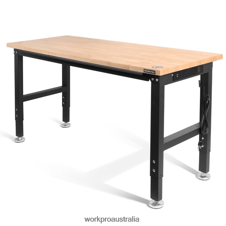 WORKPRO Adjustable Workbench 2000 LBS Load Capacity Hardwood Worktable with Power Outlets D4R0VT1 Storage Helpful